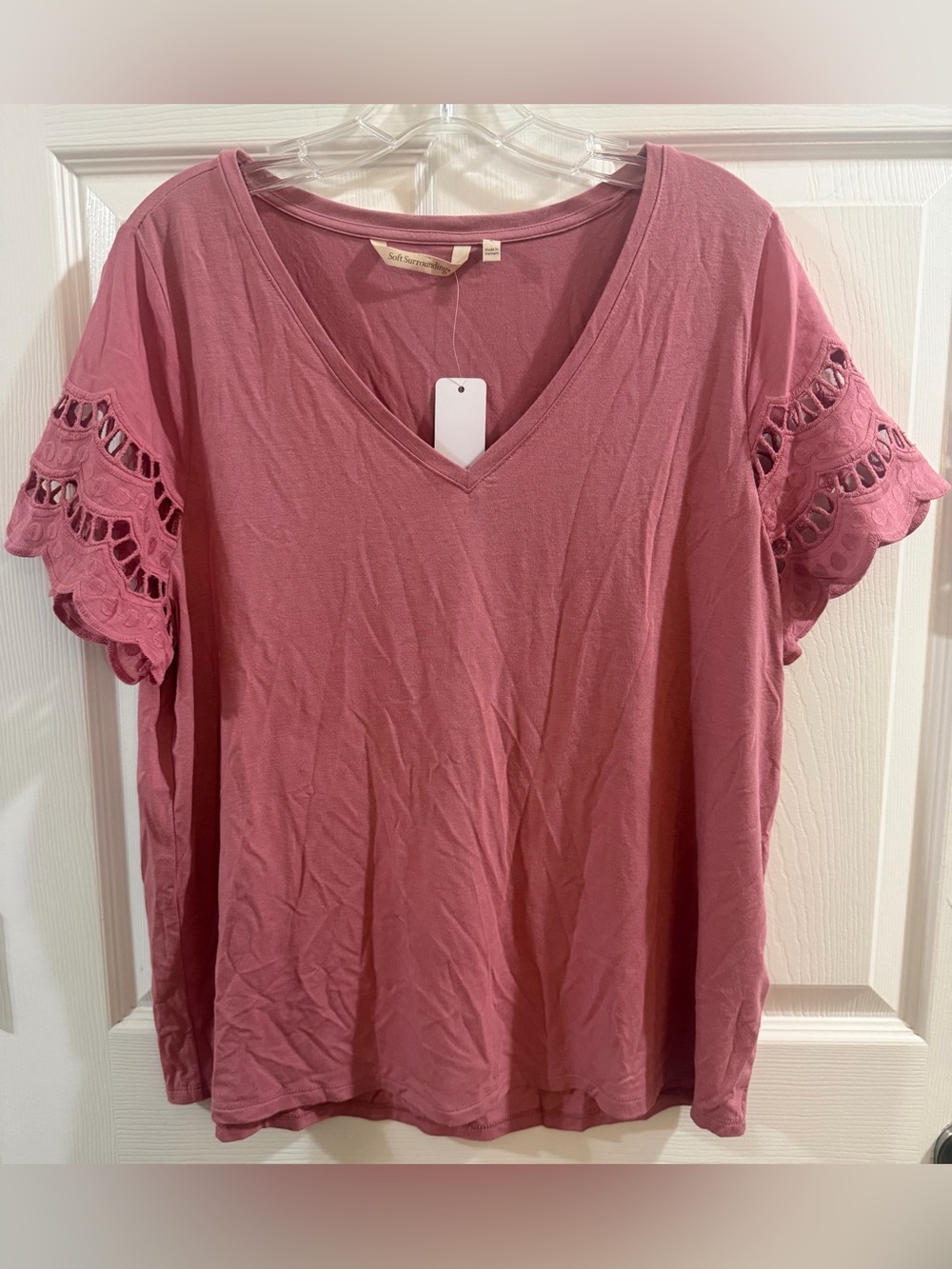 Soft Surroundings Dusty Rose V-Neck Tee with Crochet Short Sleeves
